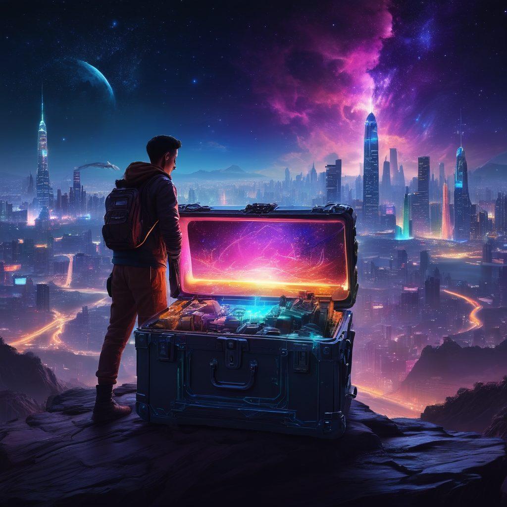 A visually striking composition featuring a glowing, open treasure chest filled with diverse digital tools and resources, surrounded by torrents of colorful data streams flowing seamlessly. In the background, a silhouette of a person joyfully navigating the digital realm. The scene is set against a futuristic city skyline under a starry night sky, symbolizing limitless possibilities. super-realistic. vibrant colors. cyberpunk.