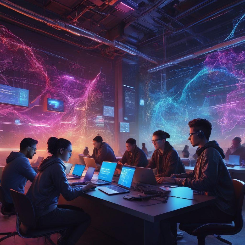 A visually striking depiction of a diverse group of individuals gathered around laptops, enthusiastically sharing files through torrent clients. The background features illustrations of network connections and digital files flowing seamlessly between them, symbolizing collaboration and sharing. Incorporate vibrant colors that evoke a sense of community and technology, with dynamic elements representing data transfer in motion. super-realistic. vibrant colors. cyberpunk.